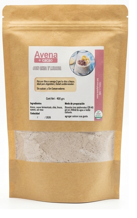 Avena con Cacao, chia y linaza
